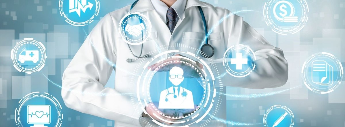 Digital health technology and clinical data icons overlaid on a doctor